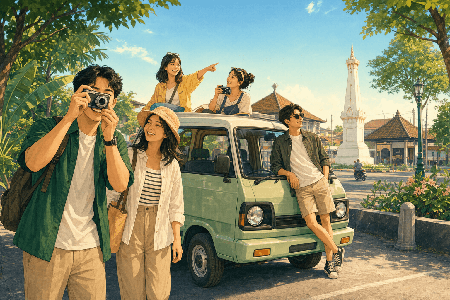 Ilustrasi wisatawan liburan di Jogja dengan kamera digital dan mobil klasik